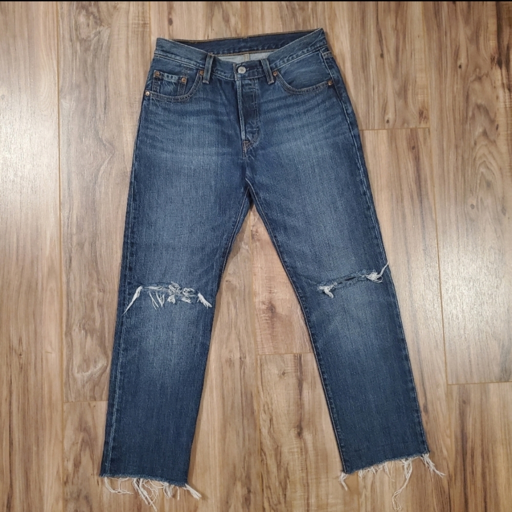 Levi's 501 High Rise Distressed Crop Raw Hem Jeans